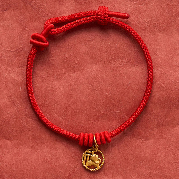 Buddha Stones Elephant Fu Character Gold Plated Copper Red String Wealth Bracelet - image 4