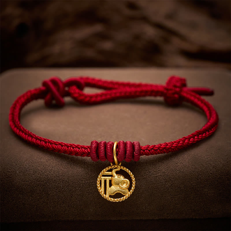 Buddha Stones Elephant Fu Character Gold Plated Copper Red String Wealth Bracelet - Dark Red(Wrist Circumference 15-18cm) - image 11