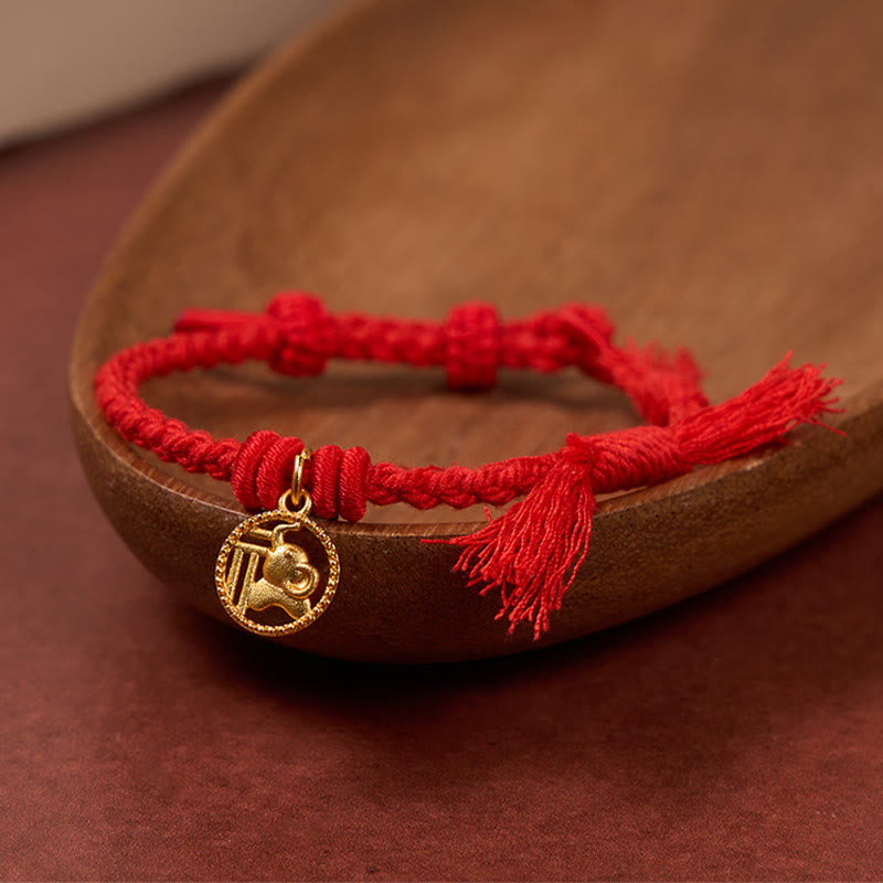 Buddha Stones Elephant Fu Character Gold Plated Copper Red String Balance Tibet Bracelet - image 1