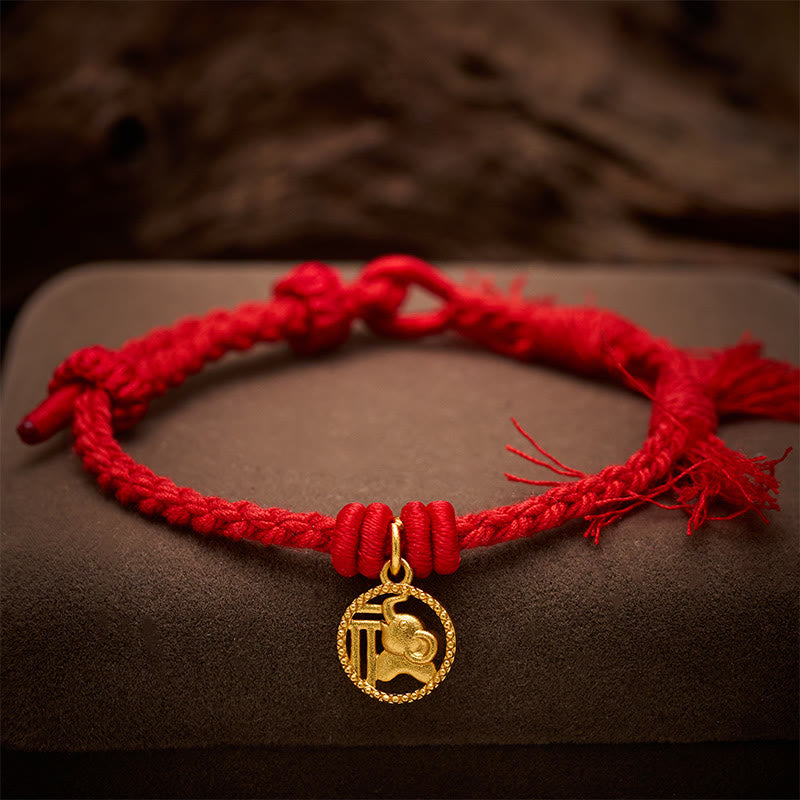Buddha Stones Elephant Fu Character Gold Plated Copper Red String Balance Tibet Bracelet - image 3