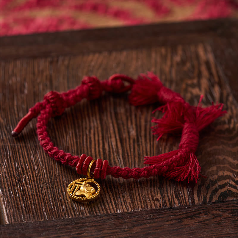 Buddha Stones Elephant Fu Character Gold Plated Copper Red String Balance Tibet Bracelet - image 13