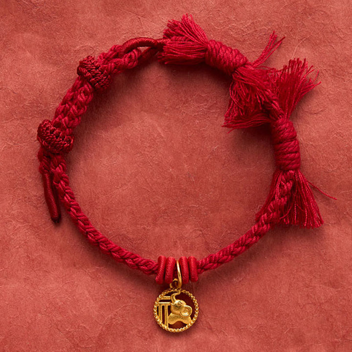 Buddha Stones Elephant Fu Character Gold Plated Copper Red String Balance Tibet Bracelet - image 15