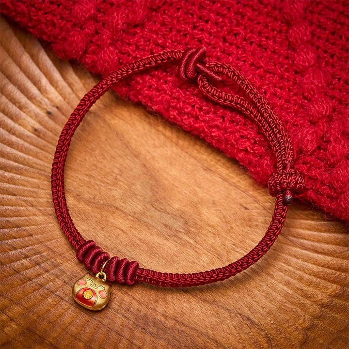 Buddha Stones Gold Plated 925 Sterling Silver Cat Red String Protection Bracelet - Dark Red(Wrist Circumference 15-18cm) - image 10