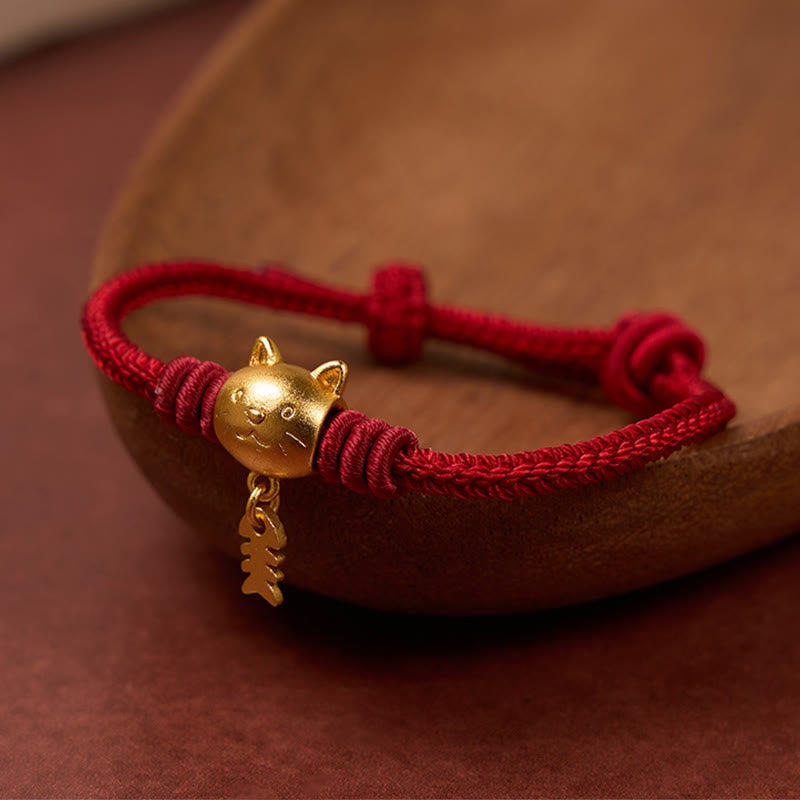 Buddha Stones Copper Cute Cat Fish Red String Healing Bracelet - Dark Red(Wrist Circumference 15-18cm) - image 0