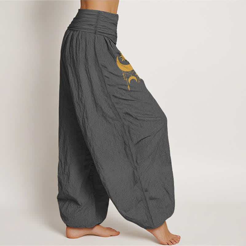 Buddha Stones Pure Cotton Golden Crescent Moon Stars Pattern Women's Elastic Waist Harem Pants - image 1