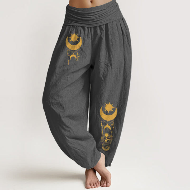 Buddha Stones Pure Cotton Golden Crescent Moon Stars Pattern Women's Elastic Waist Harem Pants - DimGray - US16，UK/AU20，EU48 (3XL) - image 0