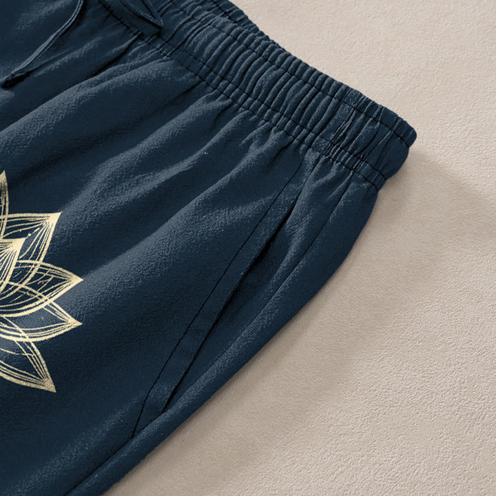 Buddha Stones Cotton Golden Lotus Pattern Men's Tapered Pants With Pockets - image 3
