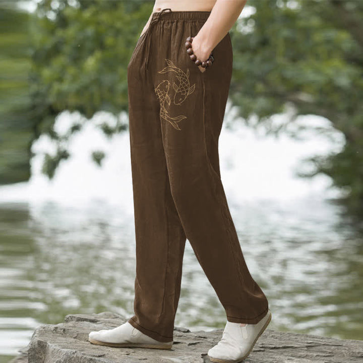 Buddha Stones Cotton Golden Koi Pattern Men's Tapered Pants With Pockets - image 7