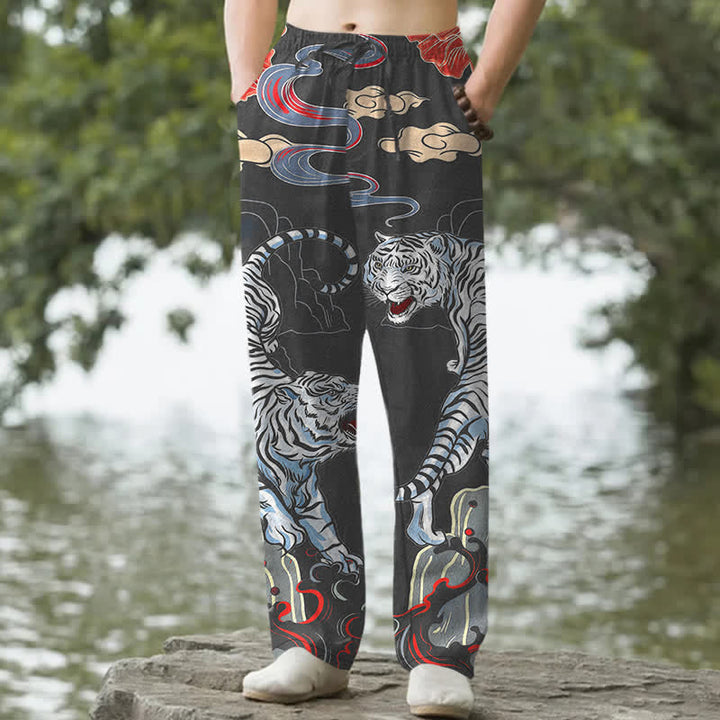 Buddha Stones Cotton White Tiger Cloud Pattern Men's Tapered Pants With Pockets - Black - US/UK/AU50，EU60 (5XL) - image 0
