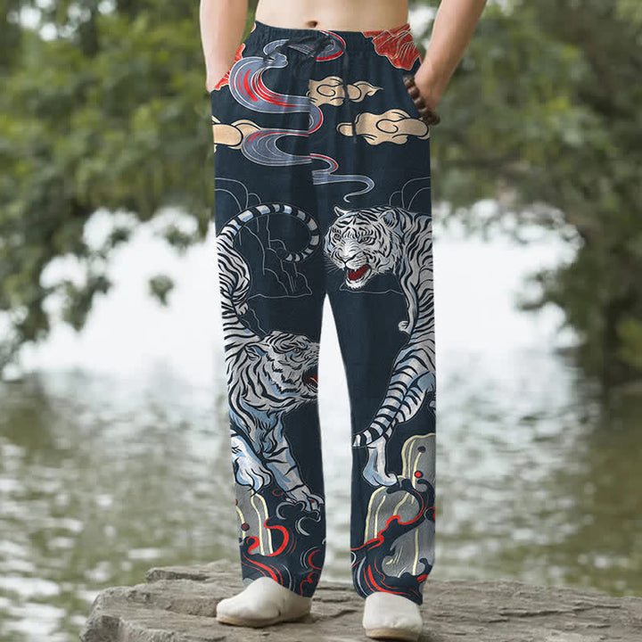 Buddha Stones Cotton White Tiger Cloud Pattern Men's Tapered Pants With Pockets - Navy - US/UK/AU50，EU60 (5XL) - image 4