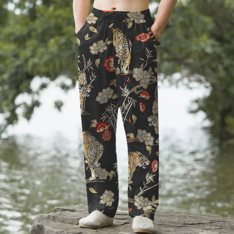 Buddha Stones Cotton Tiger Floral Bamboo Pattern Men's Tapered Pants With Pockets - Black - US/UK/AU50，EU60 (5XL) - image 0