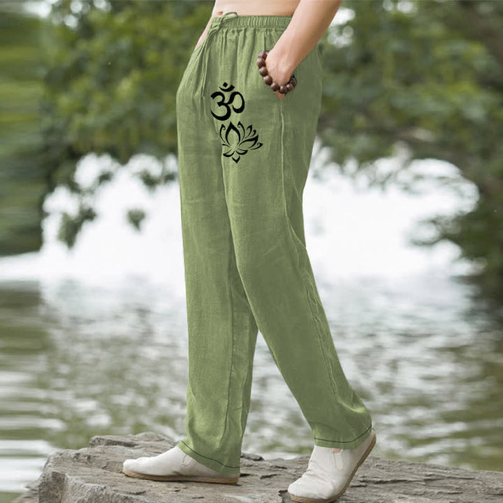Buddha Stones Cotton Lotus Om Pattern Men's Tapered Pants With Pockets - image 1