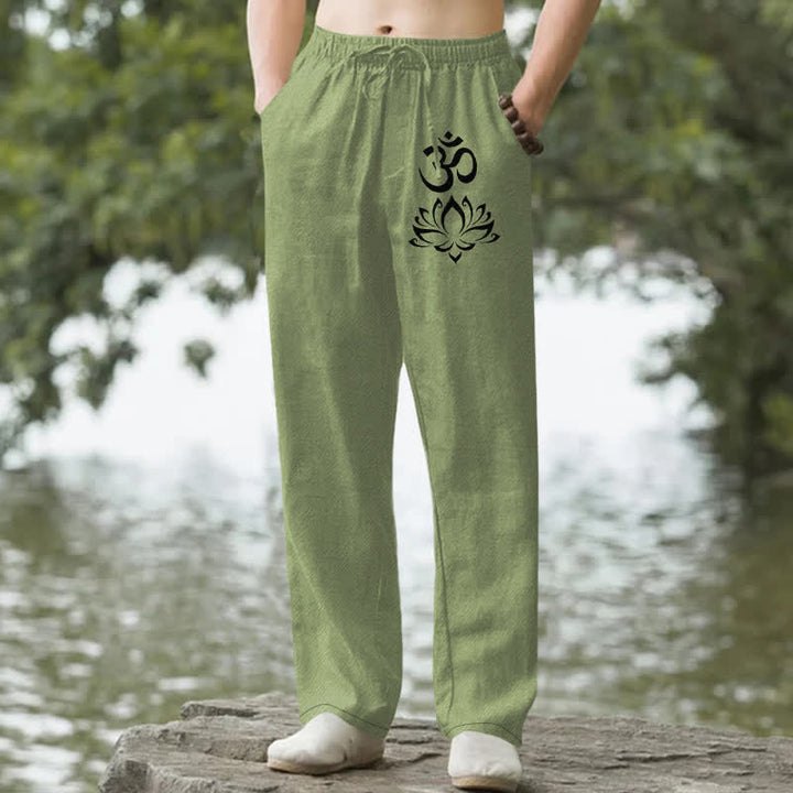 Buddha Stones Cotton Lotus Om Pattern Men's Tapered Pants With Pockets - OliveDrab - US/UK/AU50，EU60 (5XL) - image 0