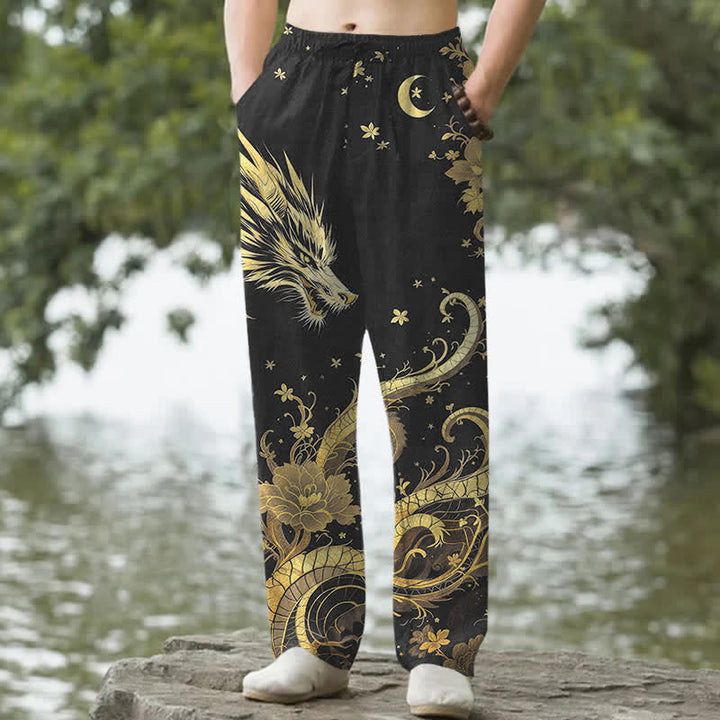 Buddha Stones Cotton Golden Dragon Cloud Pattern Men's Tapered Pants With Pockets - Black - US/UK/AU50，EU60 (5XL) - image 0