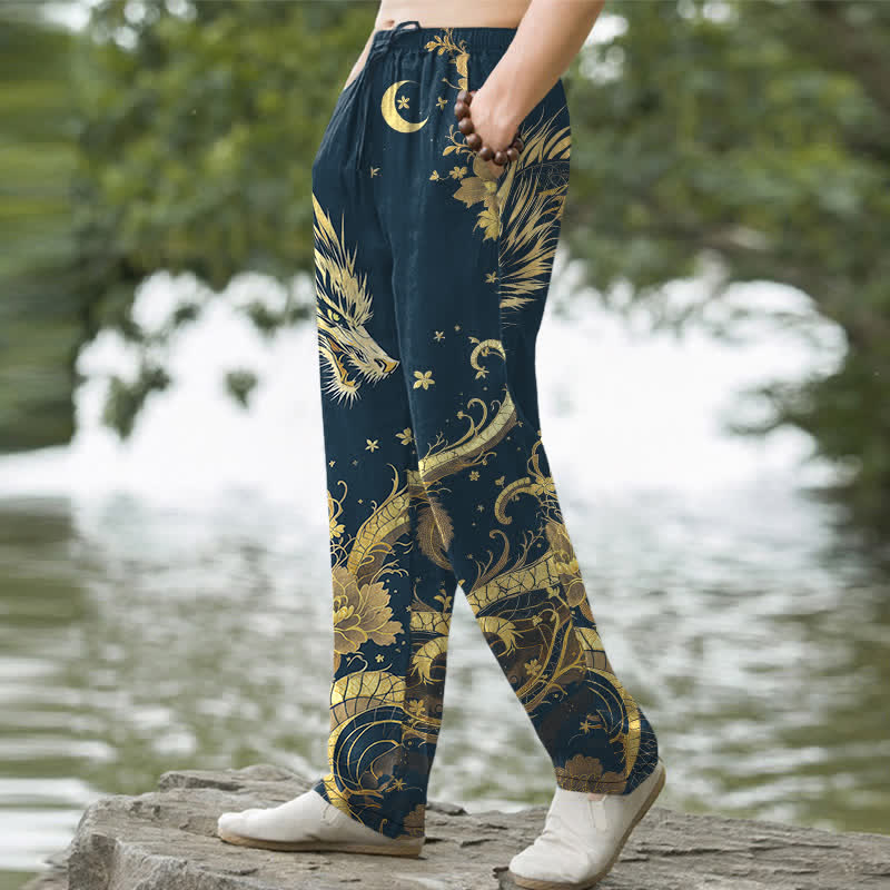 Buddha Stones Cotton Golden Dragon Cloud Pattern Men's Tapered Pants With Pockets - image 5