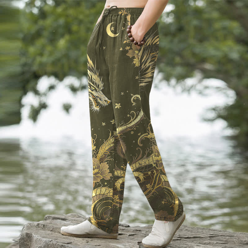 Buddha Stones Cotton Golden Dragon Cloud Pattern Men's Tapered Pants With Pockets - image 7
