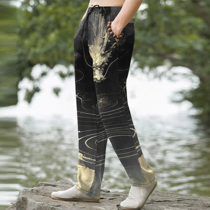 Buddha Stones Cotton Golden Dragon Wave Pattern Men's Tapered Pants With Pockets - image 5