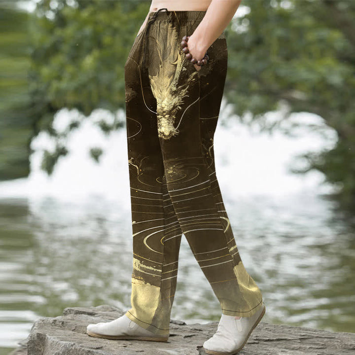 Buddha Stones Cotton Golden Dragon Wave Pattern Men's Tapered Pants With Pockets - image 7