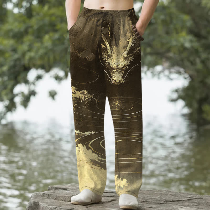 Buddha Stones Cotton Golden Dragon Wave Pattern Men's Tapered Pants With Pockets - Olive - US/UK/AU50，EU60 (5XL) - image 6