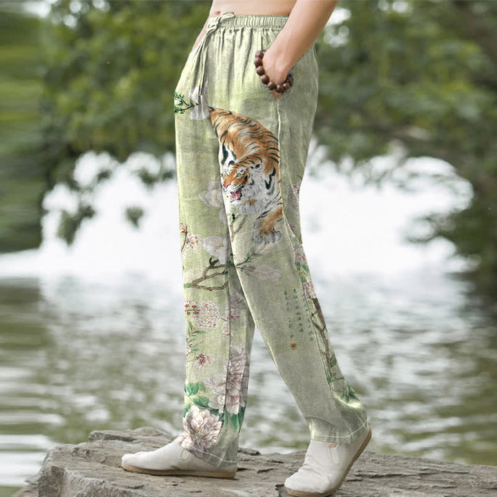Buddha Stones Cotton Vintage Tiger Floral Ink Pattern Men's Tapered Pants With Pockets - image 5