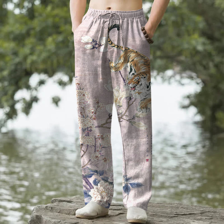 Buddha Stones Cotton Vintage Tiger Floral Ink Pattern Men's Tapered Pants With Pockets - Plum - US/UK/AU50，EU60 (5XL) - image 6