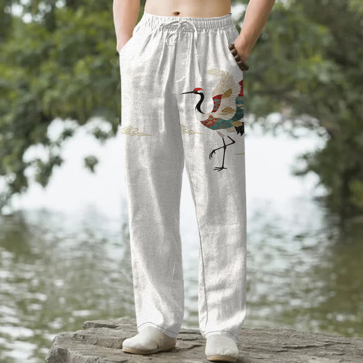 Buddha Stones Cotton White Crane Wave Pattern Men's Tapered Pants With Pockets - White - US/UK/AU50，EU60 (5XL) - image 0