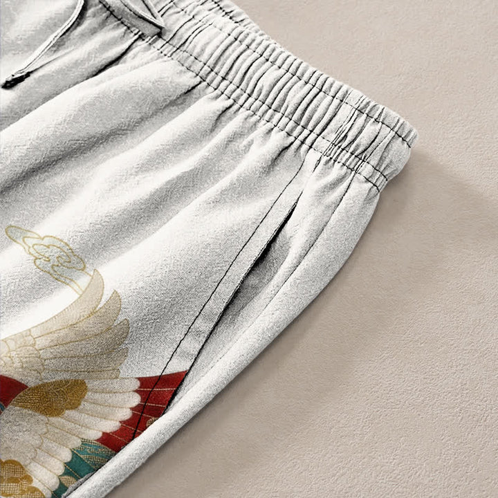 Buddha Stones Cotton White Crane Wave Pattern Men's Tapered Pants With Pockets - image 3