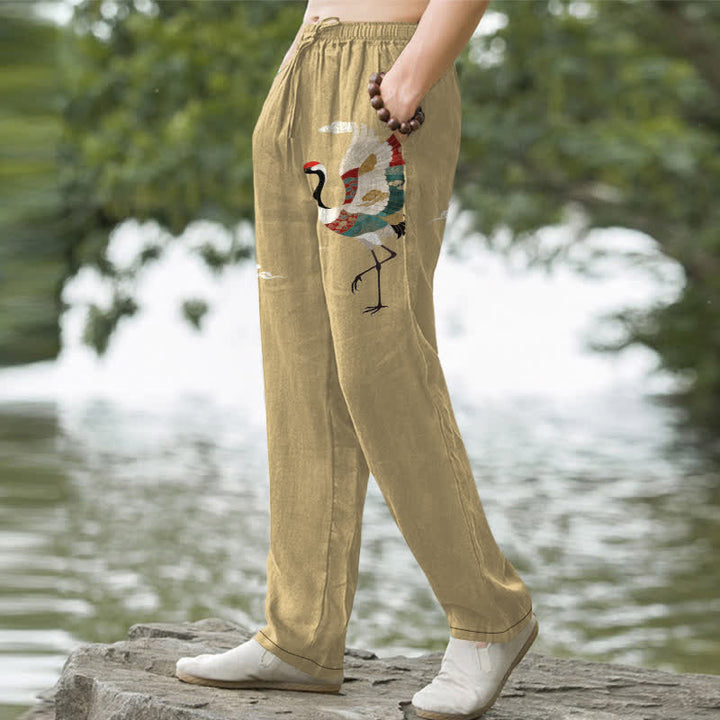 Buddha Stones Cotton White Crane Wave Pattern Men's Tapered Pants With Pockets - image 5