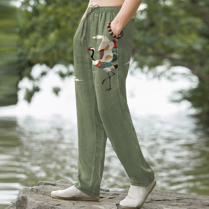 Buddha Stones Cotton White Crane Wave Pattern Men's Tapered Pants With Pockets - image 7