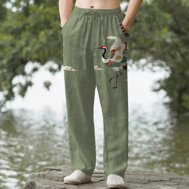 Buddha Stones Cotton White Crane Wave Pattern Men's Tapered Pants With Pockets - OliveDrab - US/UK/AU50，EU60 (5XL) - image 6