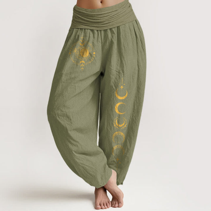 Buddha Stones Pure Cotton Golden Moon Phase Pattern Women's Elastic Waist Harem Pants - OliveDrab - US16，UK/AU20，EU48 (3XL) - image 11