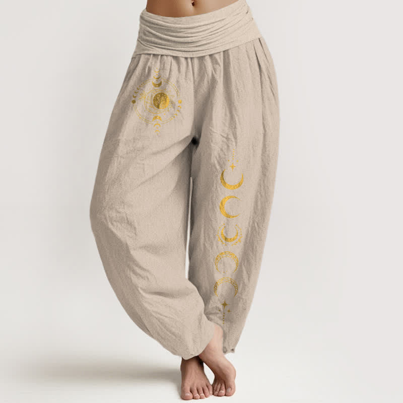 Buddha Stones Pure Cotton Golden Moon Phase Pattern Women's Elastic Waist Harem Pants - Tan - US16，UK/AU20，EU48 (3XL) - image 14