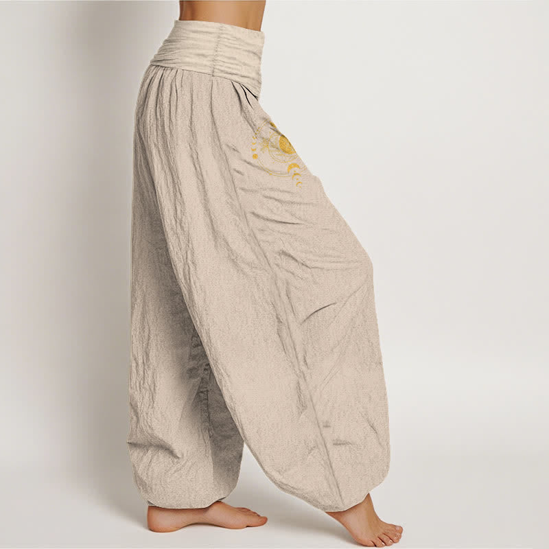 Buddha Stones Pure Cotton Golden Moon Phase Pattern Women's Elastic Waist Harem Pants - image 15