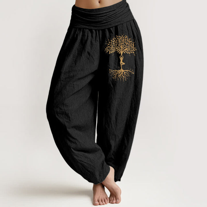 Buddha Stones Pure Cotton Golden Tree of Life Pattern Women's Elastic Waist Harem Pants - Black - US16，UK/AU20，EU48 (3XL) - image 0