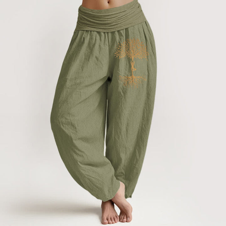 Buddha Stones Pure Cotton Golden Tree of Life Pattern Women's Elastic Waist Harem Pants - OliveDrab - US16，UK/AU20，EU48 (3XL) - image 11