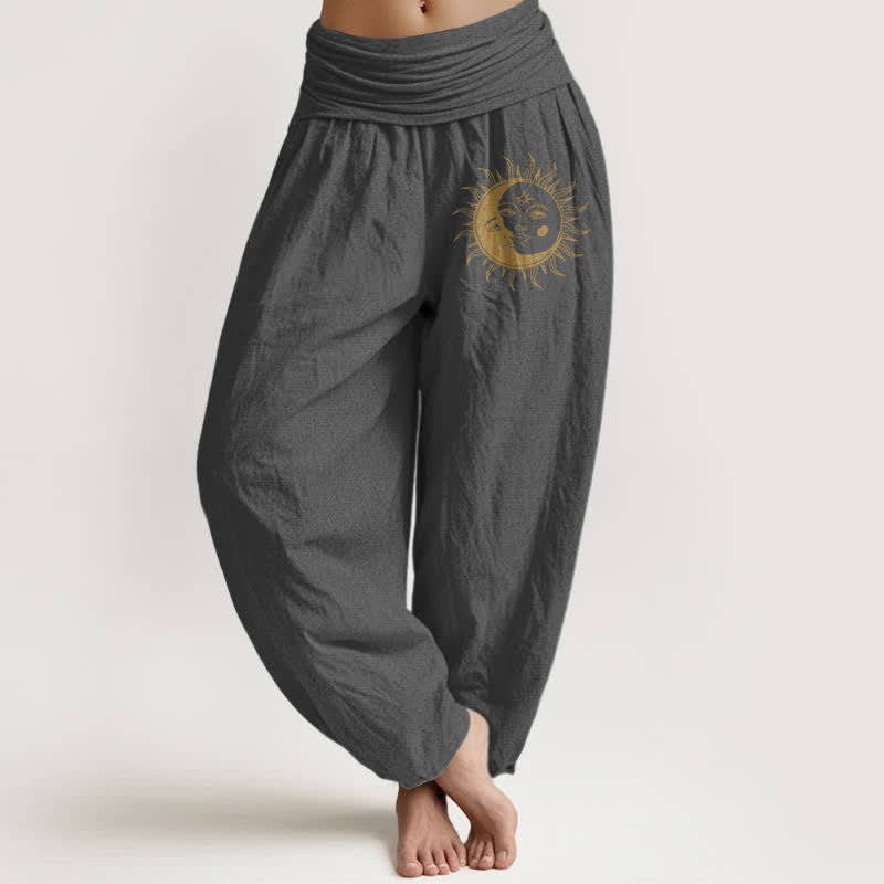 Buddha Stones Pure Cotton Golden Sun Moon Pattern Women's Elastic Waist Harem Pants - DimGray - US16，UK/AU20，EU48 (3XL) - image 5