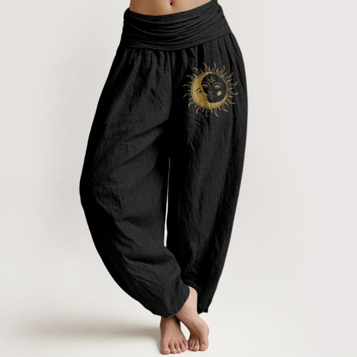 Buddha Stones Pure Cotton Golden Sun Moon Pattern Women's Elastic Waist Harem Pants - Black - US16，UK/AU20，EU48 (3XL) - image 0