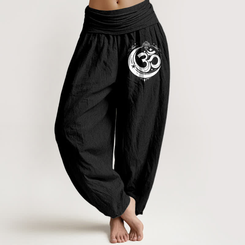 Buddha Stones Pure Cotton Sacred Om Pattern Women's Elastic Waist Harem Pants - Black - US16，UK/AU20，EU48 (3XL) - image 5