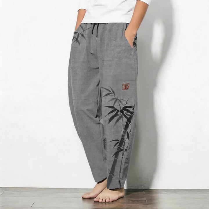 Buddha Stones Pure Cotton Ink Bamboo Pattern Drawstring Men's Tapered Pants With Pockets - image 1