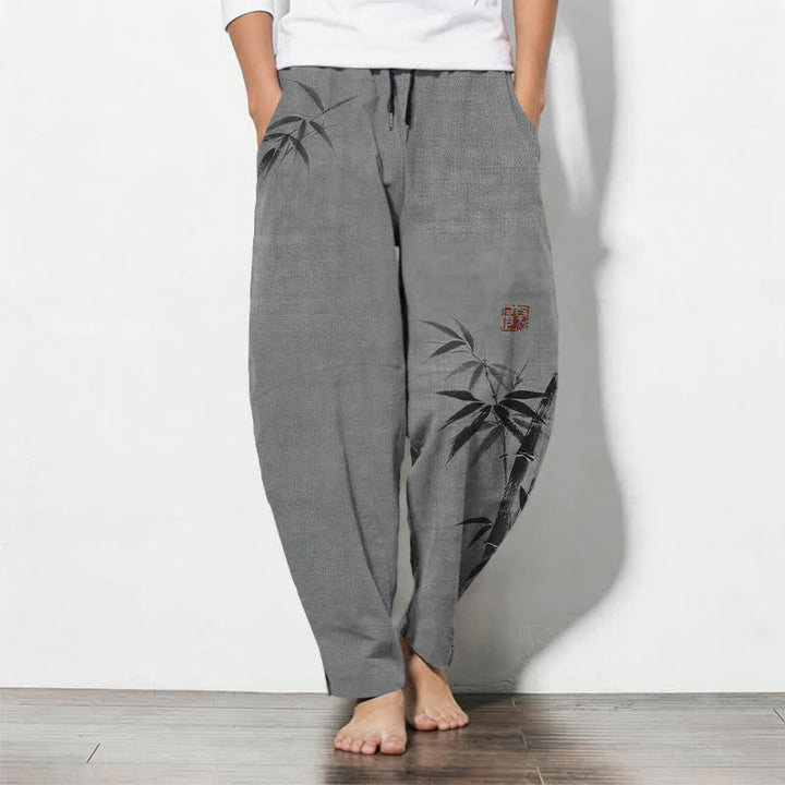 Buddha Stones Pure Cotton Ink Bamboo Pattern Drawstring Men's Tapered Pants With Pockets - Gray - US/UK/AU50，EU60 (5XL) - image 0