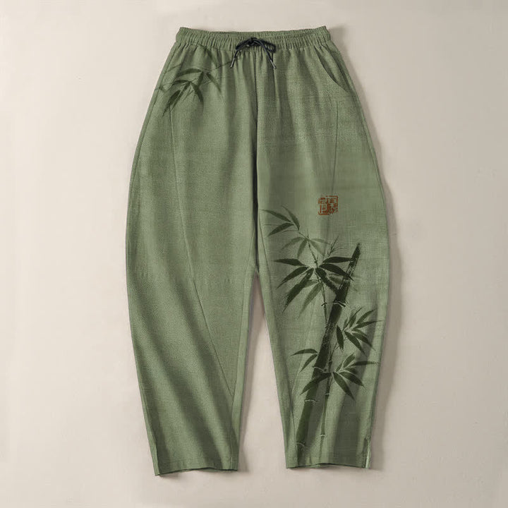 Buddha Stones Pure Cotton Ink Bamboo Pattern Drawstring Men's Tapered Pants With Pockets - image 9