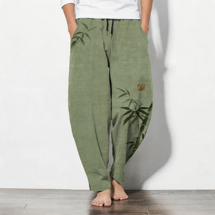 Buddha Stones Pure Cotton Ink Bamboo Pattern Drawstring Men's Tapered Pants With Pockets - OliveDrab - US/UK/AU50，EU60 (5XL) - image 7
