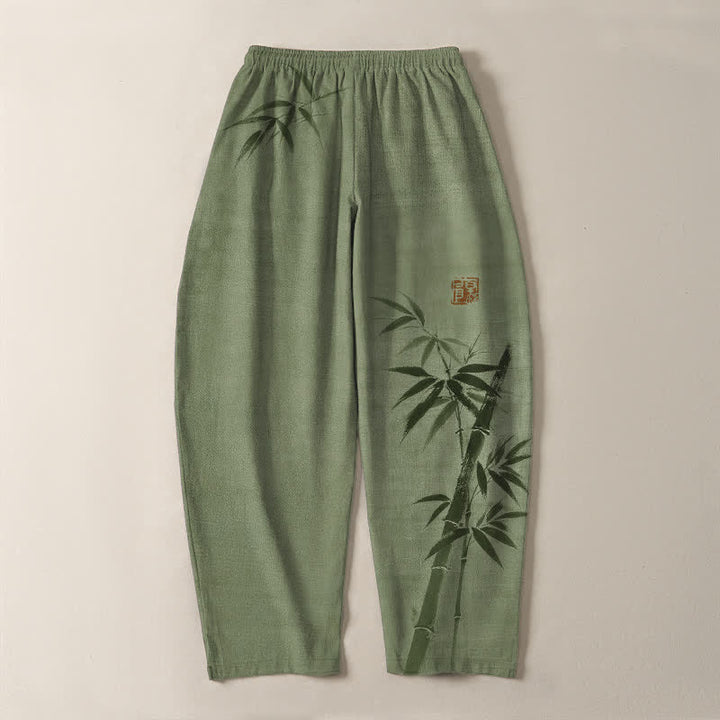 Buddha Stones Pure Cotton Ink Bamboo Pattern Drawstring Men's Tapered Pants With Pockets - image 10