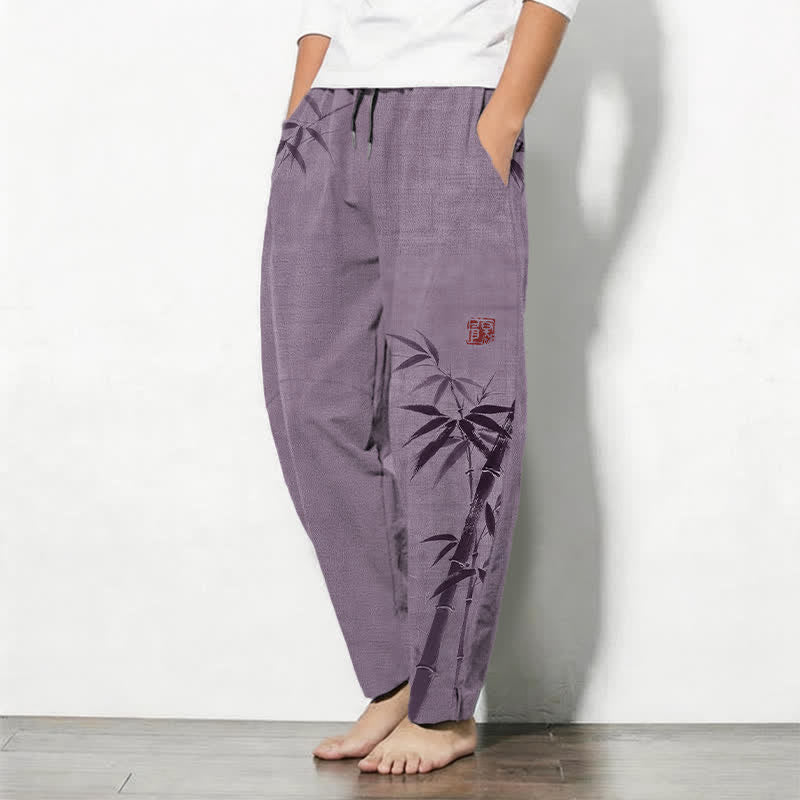 Buddha Stones Pure Cotton Ink Bamboo Pattern Drawstring Men's Tapered Pants With Pockets - image 12