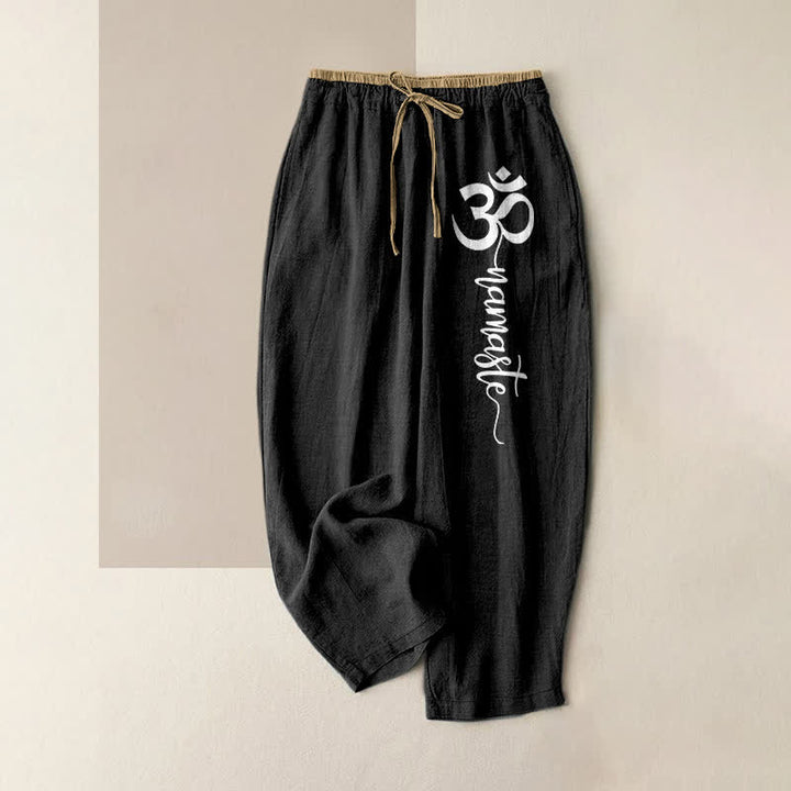 Buddha Stones Pure Cotton Om Symbol Pattern Women's Elastic Waist Pants With Pockets - Black - US16，UK/AU20，EU48 (3XL) - image 4