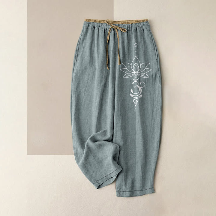 Buddha Stones Pure Cotton Zen Lotus Om Pattern Women's Elastic Waist Pants With Pockets - Lightblue - US16，UK/AU20，EU48 (3XL) - image 8