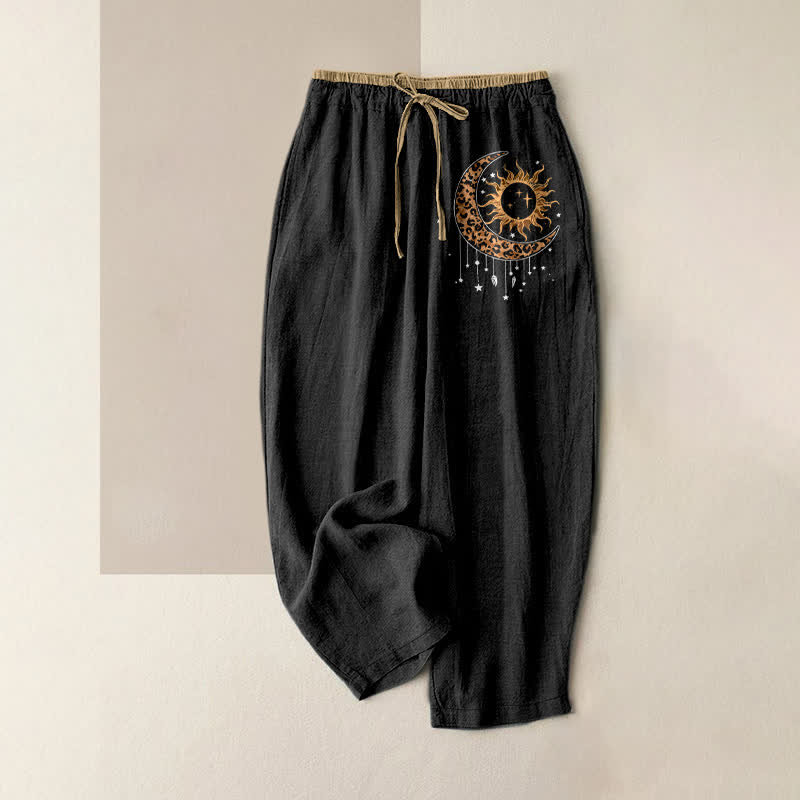 Buddha Stones Pure Cotton Celestial Sun Moon Pattern Women's Elastic Waist Pants With Pockets - Black - US16，UK/AU20，EU48 (3XL) - image 0