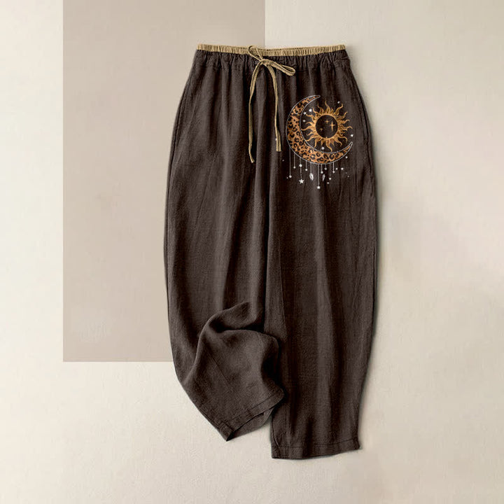 Buddha Stones Pure Cotton Celestial Sun Moon Pattern Women's Elastic Waist Pants With Pockets - SaddleBrown - US16，UK/AU20，EU48 (3XL) - image 4