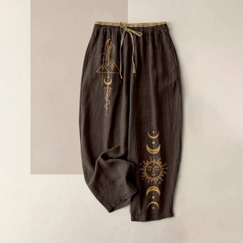 Buddha Stones Pure Cotton Celestial Sun Moon Pattern Women's Elastic Waist Pants With Pockets - SaddleBrown - US16，UK/AU20，EU48 (3XL) - image 4