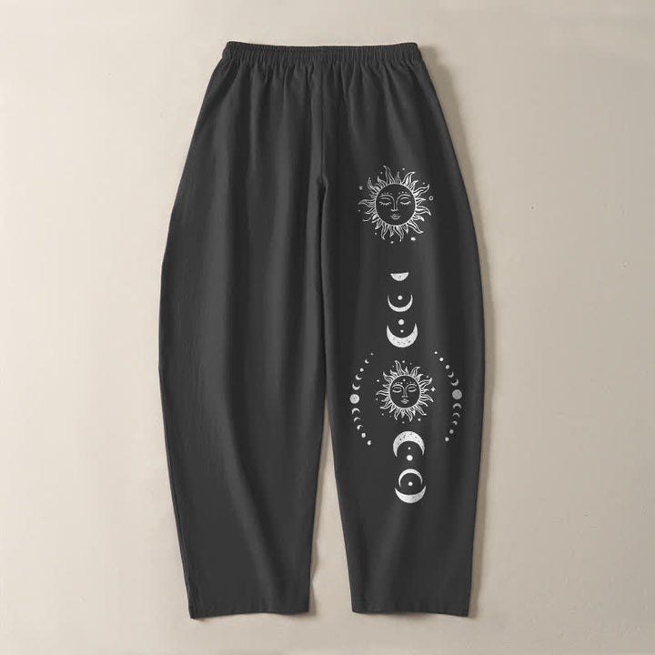 Buddha Stones Pure Cotton Sun Moon Phase Pattern Drawstring Men's Tapered Pants With Pockets - image 3